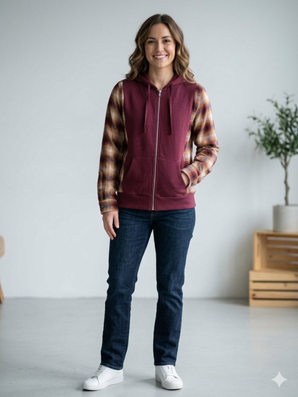 Upcycled Reworked Custom Hoodie Flannel sleeves sweatshirt Zip up